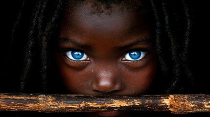 Poster - A young girl with blue eyes peeking over a wooden fence