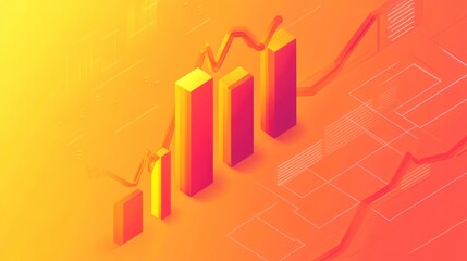 Poster - 3D isometric bar chart graph showing upward trend on orange background.