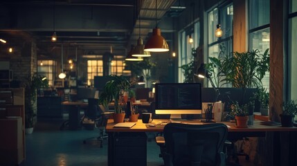 Aufkleber - Modern, dimly lit office space at night with computers, plants, and desks.