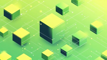 Fototapete - Abstract green and yellow isometric cubes connected by lines on a gradient background.