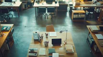 Aufkleber - High-angle view of an empty modern office space with desks, chairs, computers, and office supplies.