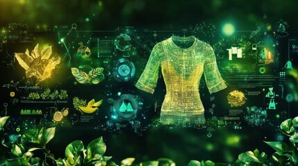 Fototapete - Holographic garment design displayed with technological interface and nature elements.