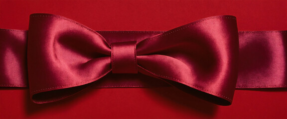 maroon satin bow on red background top view