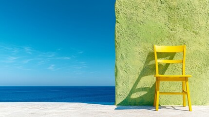 Poster - A yellow chair sitting in front of a green wall next to the ocean