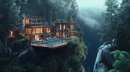 Canvas Print - Modern Cliffside Mansion Overlooking Waterfall