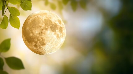 Wall Mural - A full moon hanging from a tree branch with green leaves