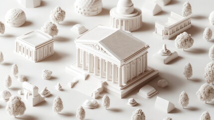 Poster - Miniature white city model with classical architecture, trees, and geometric shapes on white background.
