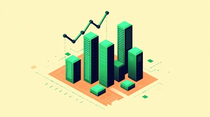 Poster - Isometric illustration of growing city skyline with upward trend graph.