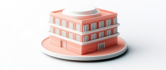 Poster - Minimalist 3D model of a peach-colored building with white accents on a white background.