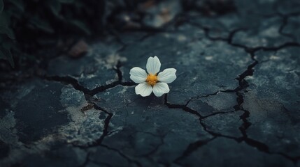 Wall Mural - Single white flower blooming in cracked, dry earth.