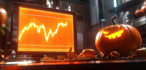 Aufkleber - Halloween stock market graph on screen with carved pumpkin.