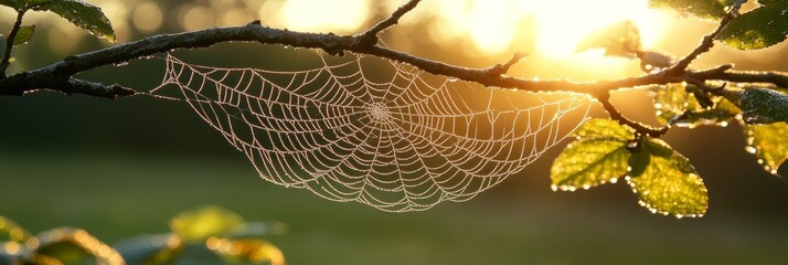 Wall Mural - Golden Hour Sunlight Illuminates a Dew-Kissed Spider Web on a Branch, Nature Stock Photo