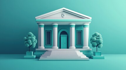 Poster - Teal neoclassical building with columns, steps, and trees on a teal background.