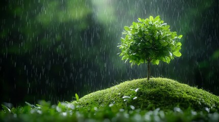 Canvas Print - A small tree on top of a moss covered rock in the rain