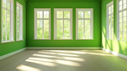 Leinwandbilder - Sunlit empty room with green walls and large windows.