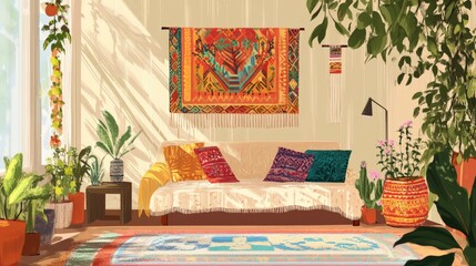 Poster - Sunlit Bohemian Living Room With Plants And Colorful Textiles