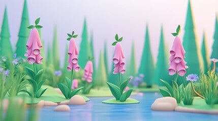 Aufkleber - Stylized 3D render of pink foxgloves by a tranquil stream in a whimsical forest.
