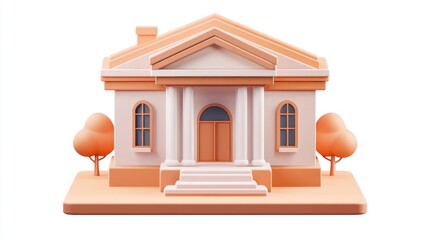 Poster - Stylized 3D render of a classic building with columns, steps, and trees.