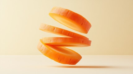 Wall Mural - Three levitating carrot slices against a pale yellow background.