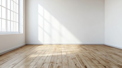 Aufkleber - Empty room with sunlight streaming through a large window, showcasing hardwood floors and white walls.