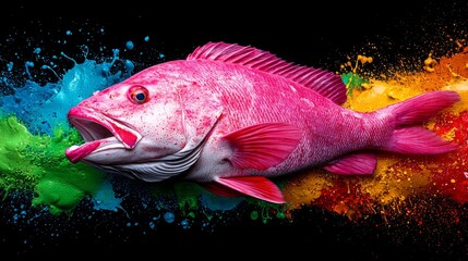 Wall Mural - A pink fish with its mouth open and colorful paint splatters around it