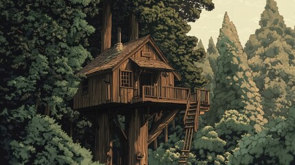 Poster - Secluded Wooden Treetop House In Lush Forest