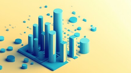 Poster - Abstract 3D city model with blue geometric shapes on yellow background.