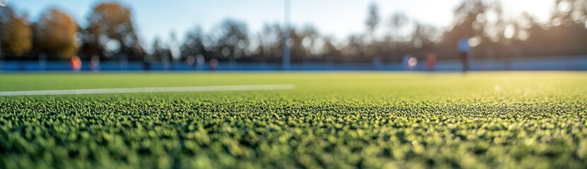 Wall Mural - Close-up of artificial turf on a sunny day, with blurred background of a sports field and players.