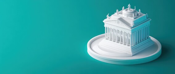Poster - White miniature building model on teal background.