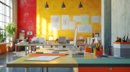 Poster - Sunny modern office workspace with colorful walls, desks, computers, and stationery.