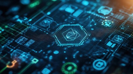 Fototapete - Futuristic digital hexagon symbol on circuit board.