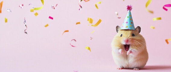 Wall Mural - Happy hamster in party hat with confetti. (1)