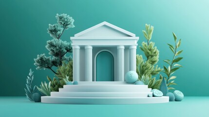 Poster - Minimalist 3D render of a classical building on a platform with plants.