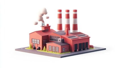Aufkleber - Isometric low-poly model of a red factory with three chimneys, solar panels, and small bushes.