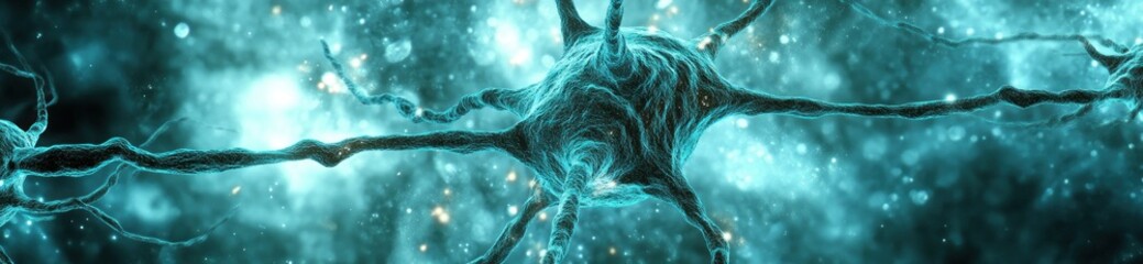 Poster - Microscopic view of a neuron cell with glowing dendrites and axons, intricate network.