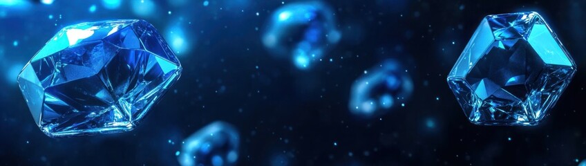 Fototapete - Glowing blue crystals float in dark space.