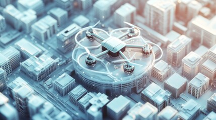 Poster - Drone hovering over futuristic city model.