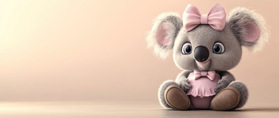 Wall Mural - Adorable cartoon koala wearing a pink bow and dress, sitting on a peach background.