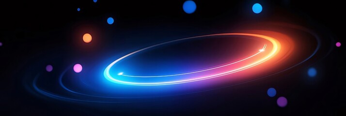 Abstract glowing neon ellipse with colorful lights and particles on a dark background.