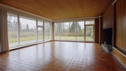 Leinwandbilder - Empty sunlit room with large windows, wooden ceiling, tiled floor, and brick fireplace.