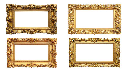 Four ornate golden picture frames with intricate designs on a cut out background. Concept of luxury and elegance in art display