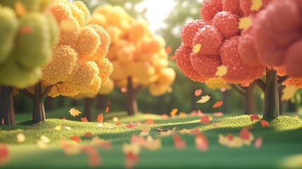 Poster - Stylized autumn trees with colorful leaves falling on grassy ground.