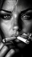 Poster - A woman holding a cigarette in front of her mouth