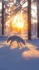 Aufkleber - Arctic fox hunting in snowy forest at sunset.