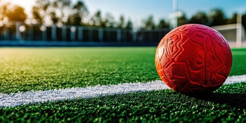 Wall Mural - Red soccer ball on green artificial turf near white line.