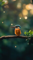 Poster - Vibrant kingfisher perched on a branch, bokeh background.