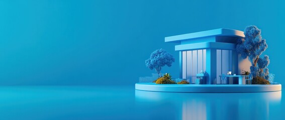 Poster - Minimalist blue house 3D render, modern architecture, isolated on blue background.