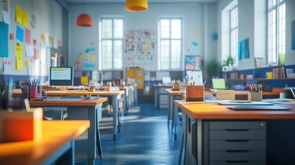 Aufkleber - Bright, modern office space with desks, computers, and colorful supplies.