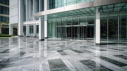 Poster - Modern building entrance with glass doors and marble flooring.