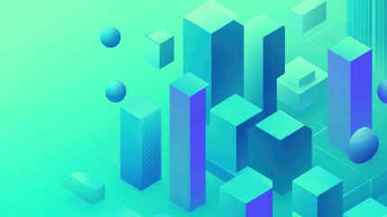 Fototapete - Abstract 3D isometric shapes, vibrant teal and blue gradient background.